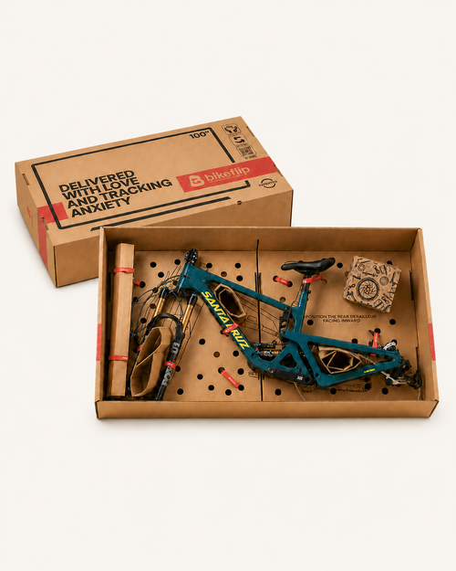 Bikeflip Box Pro Medium with bike packed inside the open box